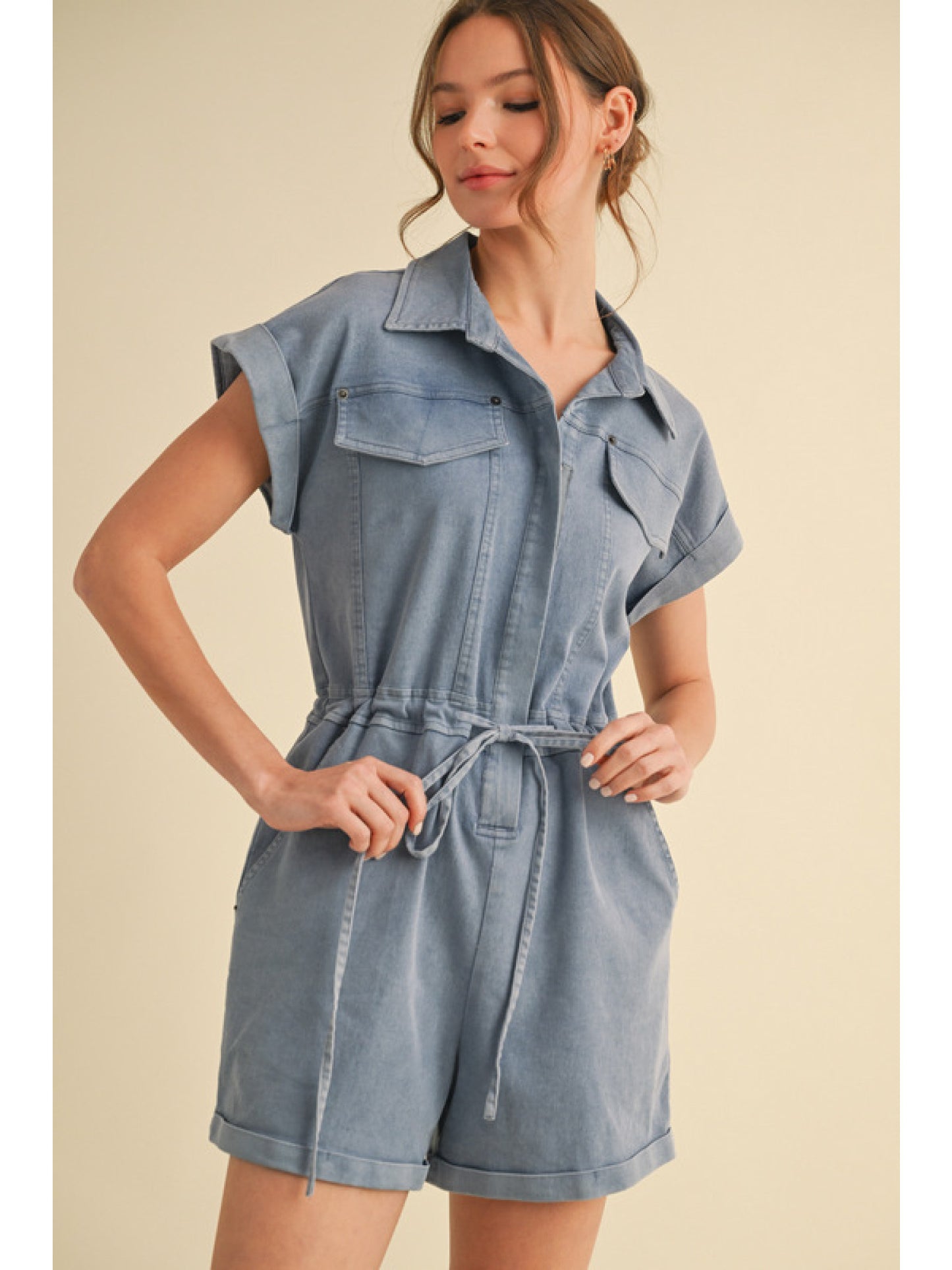 Denim Drawstring Romper