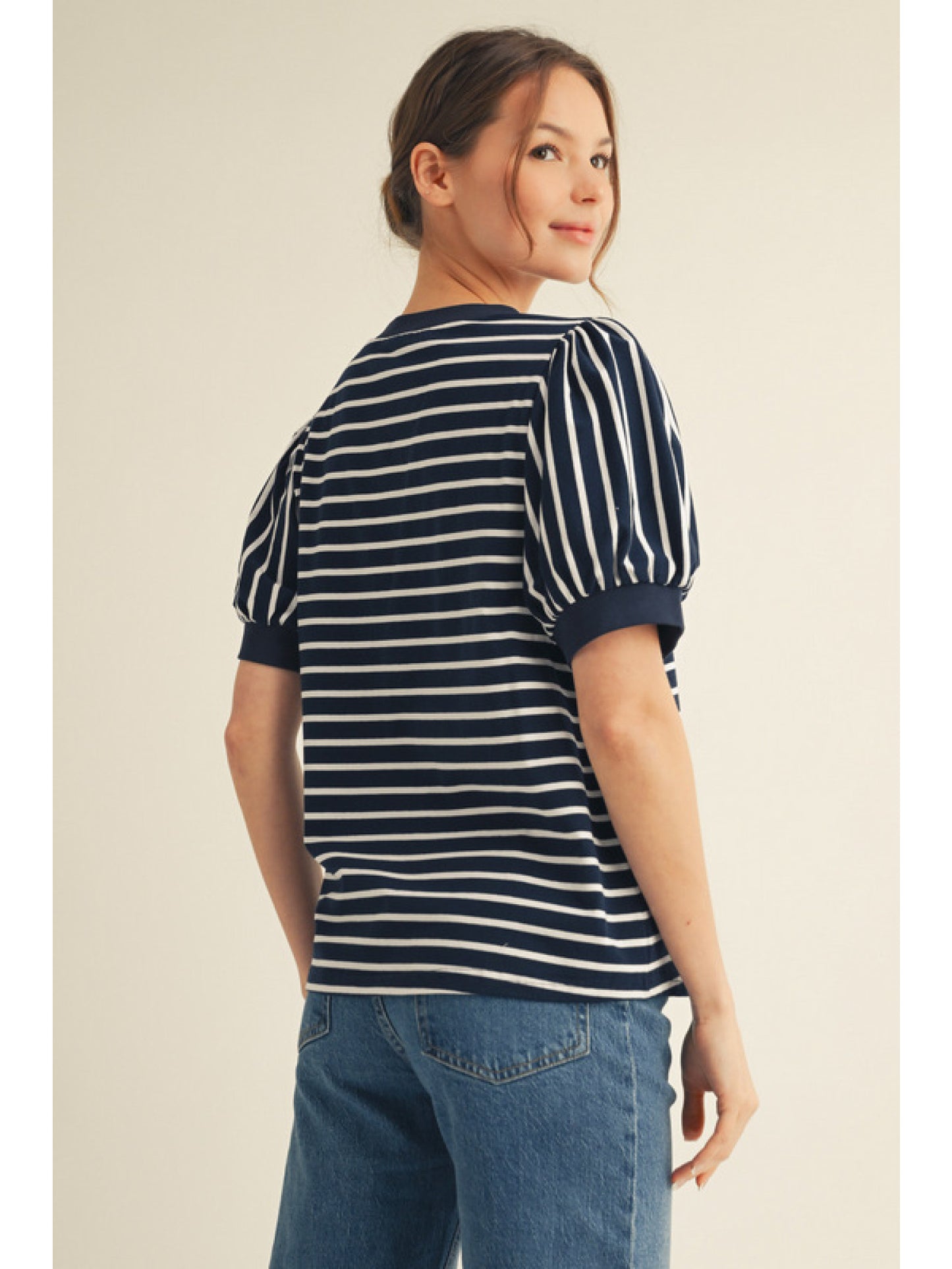 Navy Stripe Puff Sleeve Top