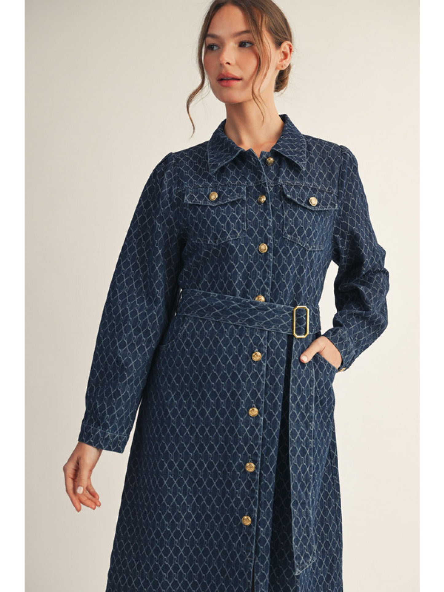 Denim Dress with Gold Buttons