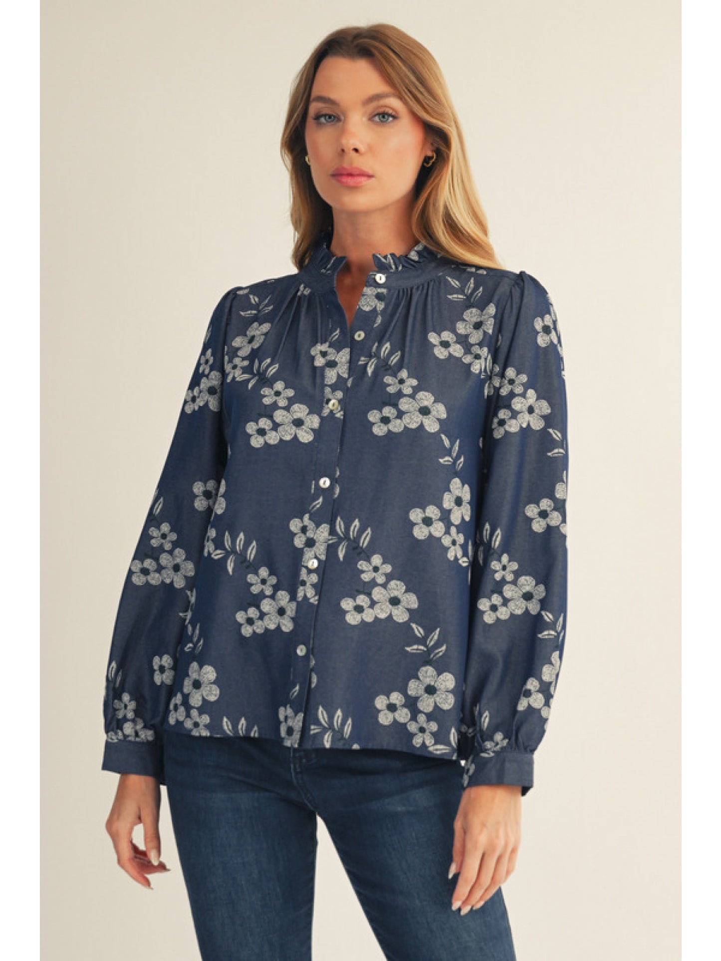 Button Down Embroidered Floral