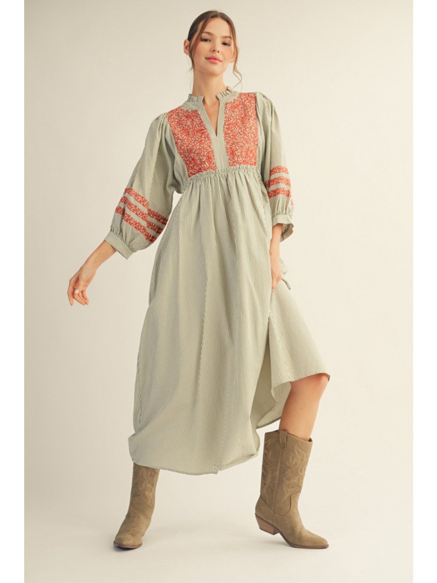 Striped Embroidered Midi Dress