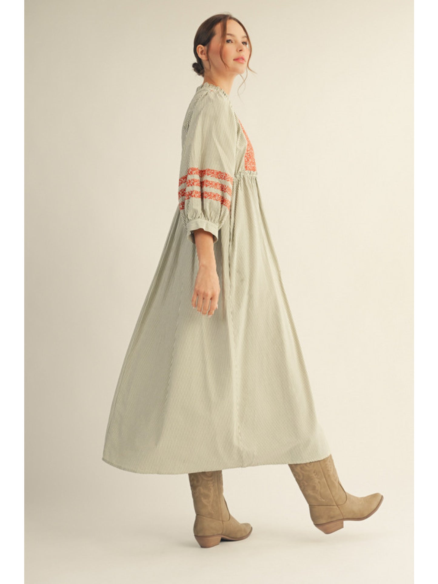 Striped Embroidered Midi Dress