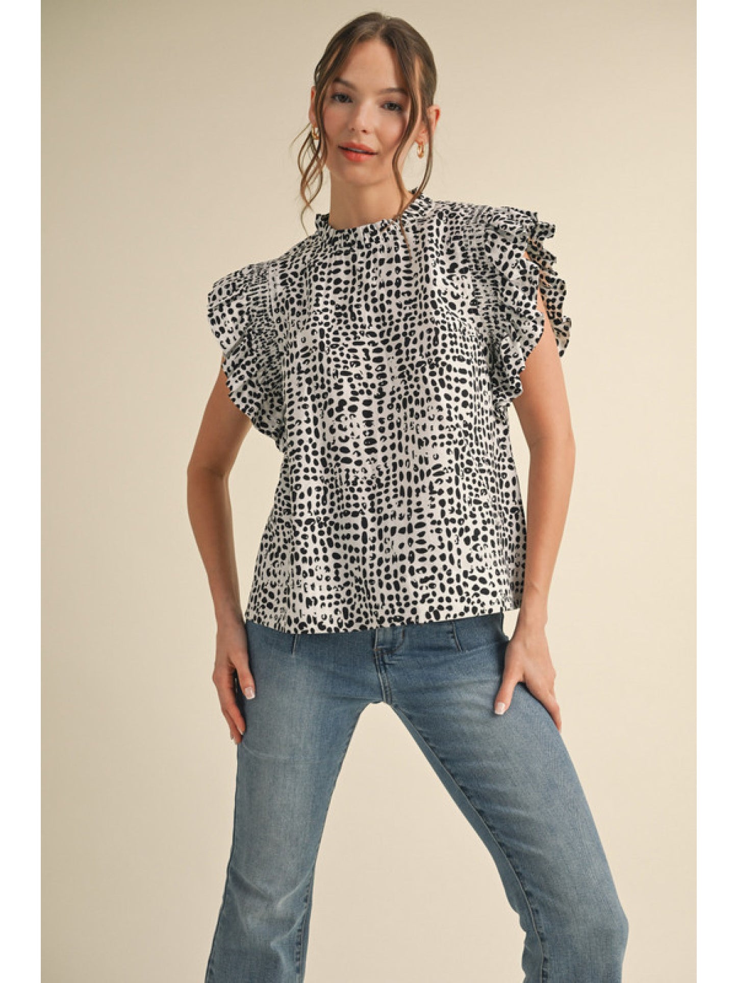Black Print Frill Mock Top