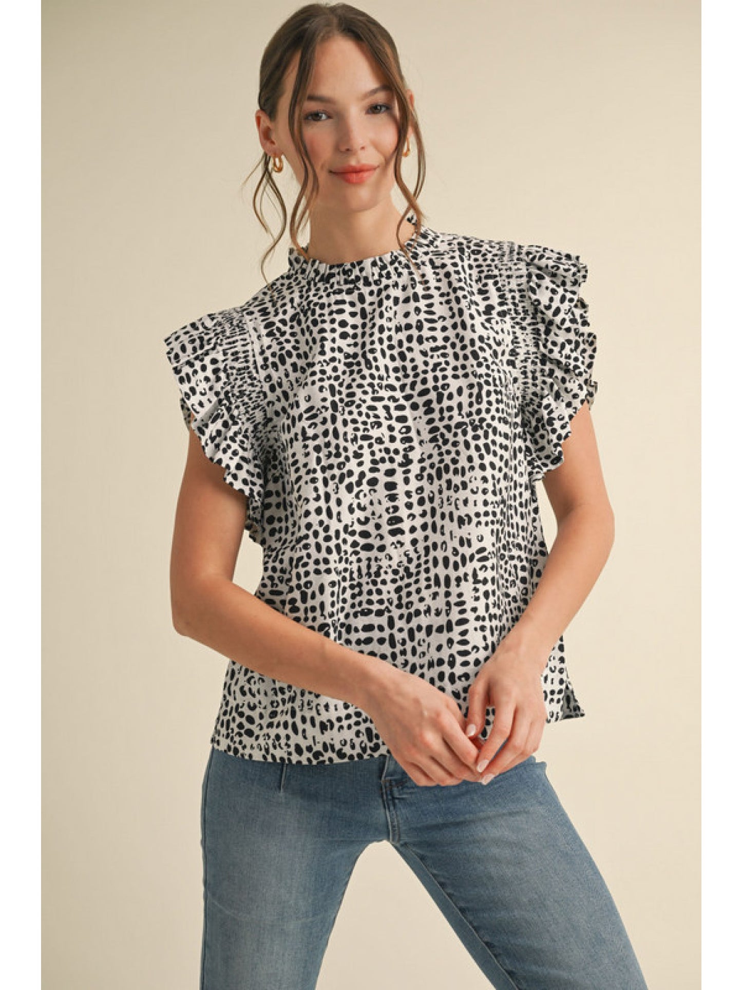 Black Print Frill Mock Top