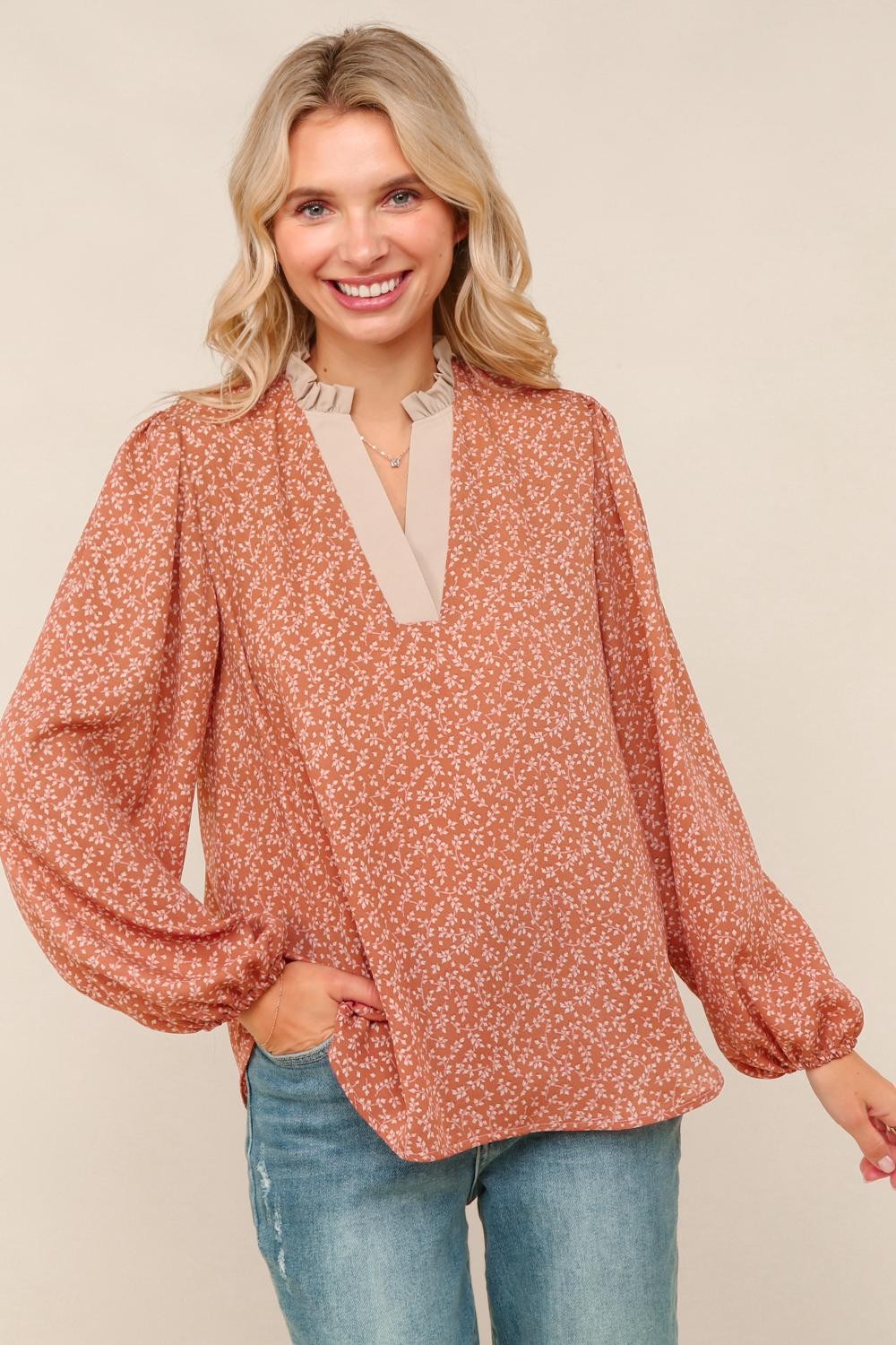 Contrast Band Floral Blouse