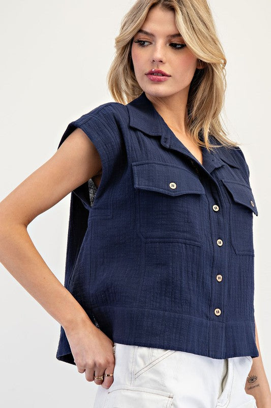 Gauze Cap Sleeve Button Top