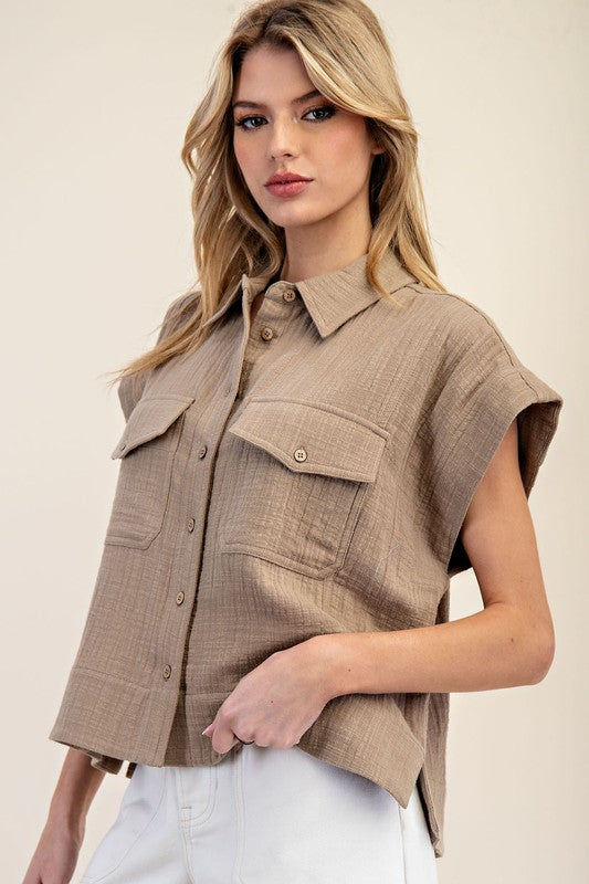 Gauze Cap Sleeve Button Top