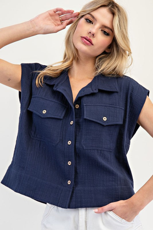 Gauze Cap Sleeve Button Top