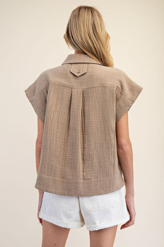 Gauze Cap Sleeve Button Top