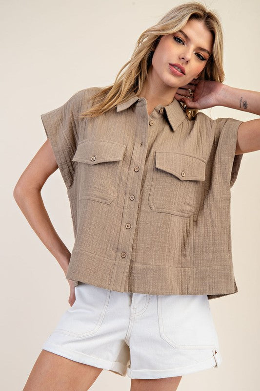 Gauze Cap Sleeve Button Top
