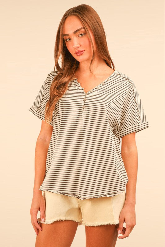 Stripe Button V-Neck Top