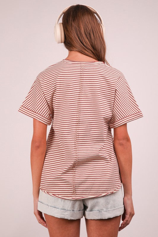 Stripe Button V-Neck Top