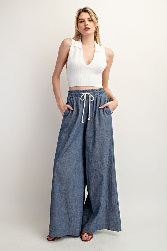 Pinstripe Tie Waist Wide Leg Pants