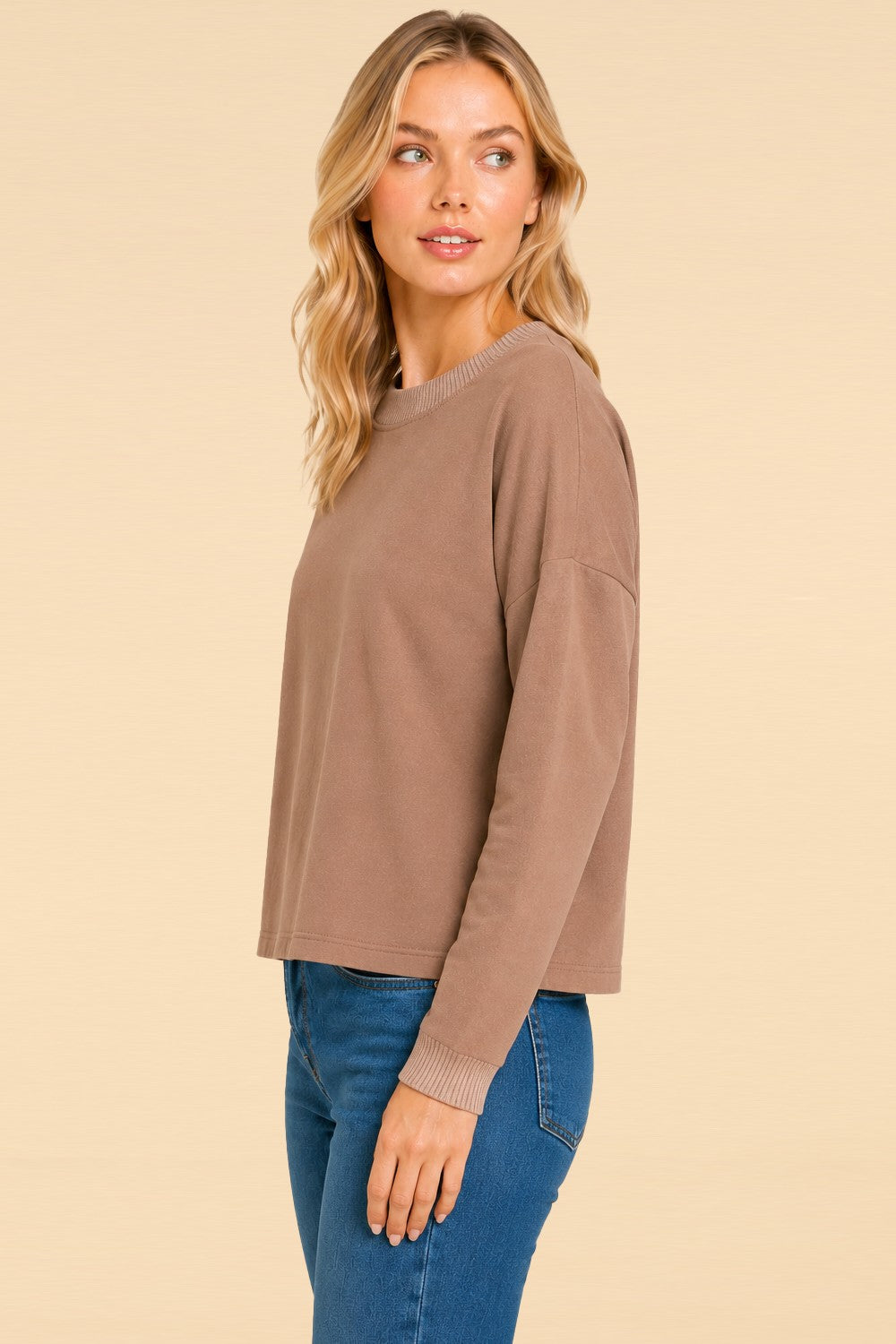 Ribbed-Trim Long-Sleeve Pullover Top
