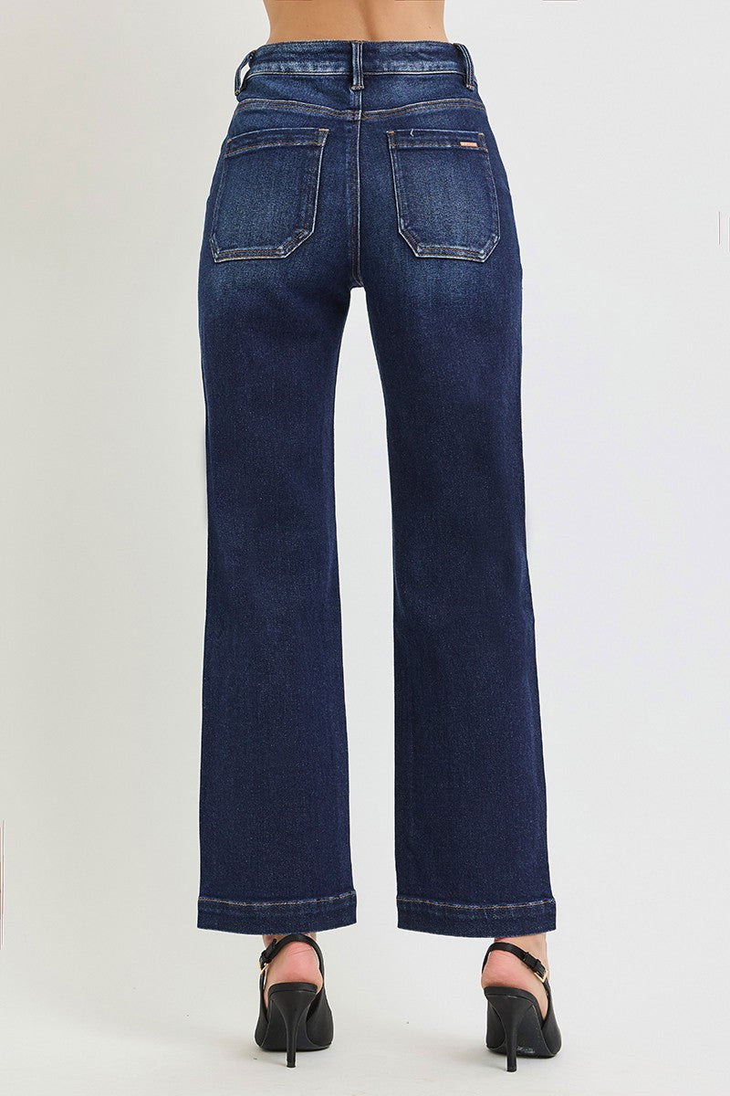 Risen Tummy Control High-Rise Ankle Straight-Leg Jeans - Dark Denim