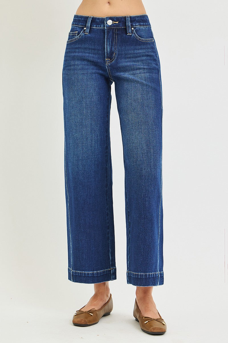 Risen Mid-Rise Ankle Wide-Leg Jeans - Dark Denim