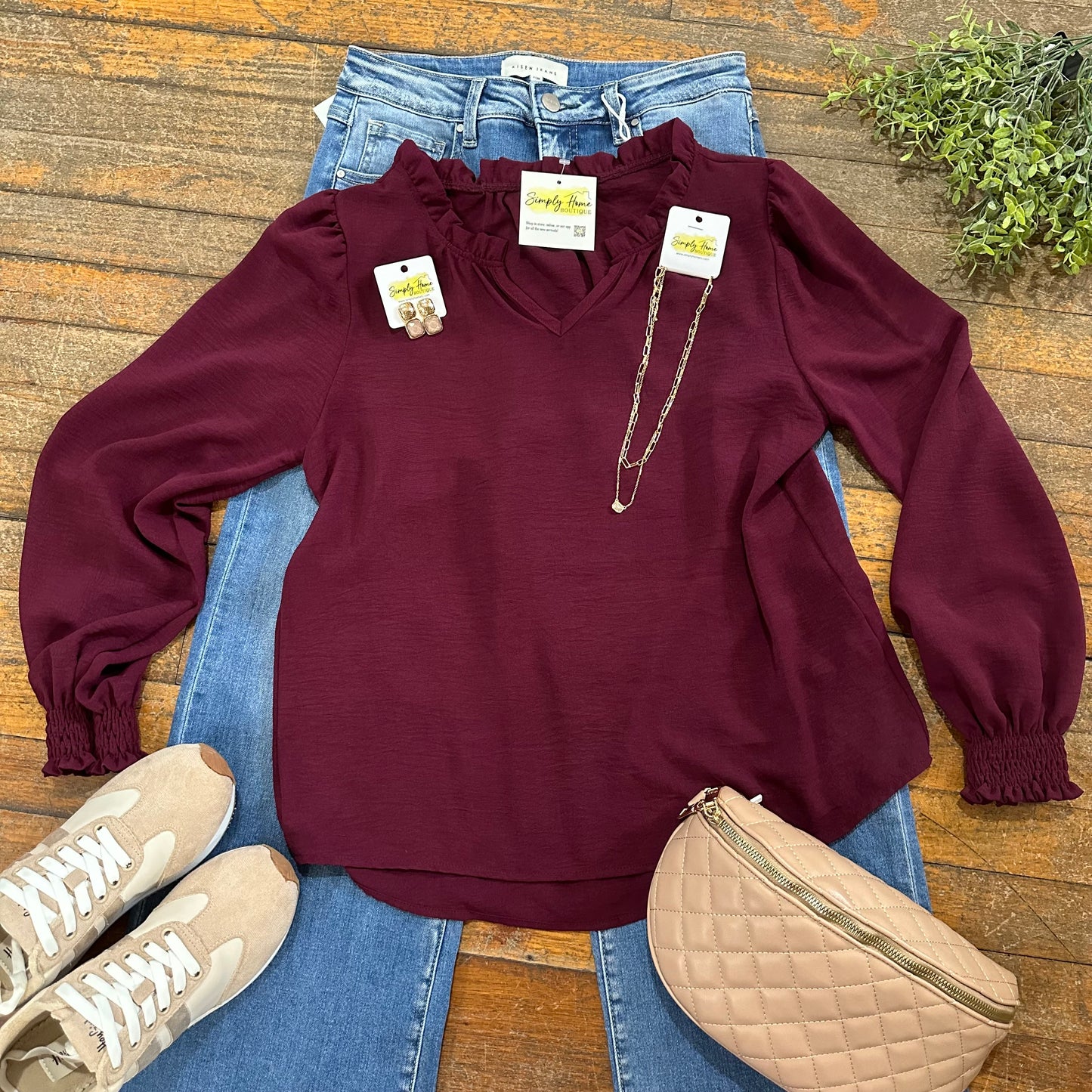 Ruffle Trim Notched Neck Blouse