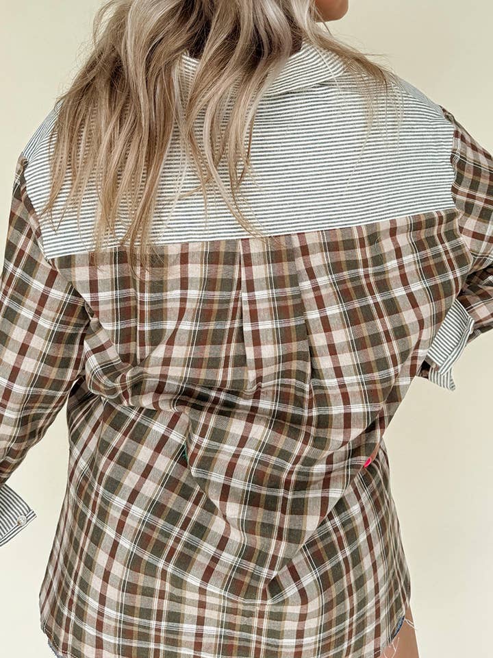Brown Plaid Patchwork Buttoned Shirt