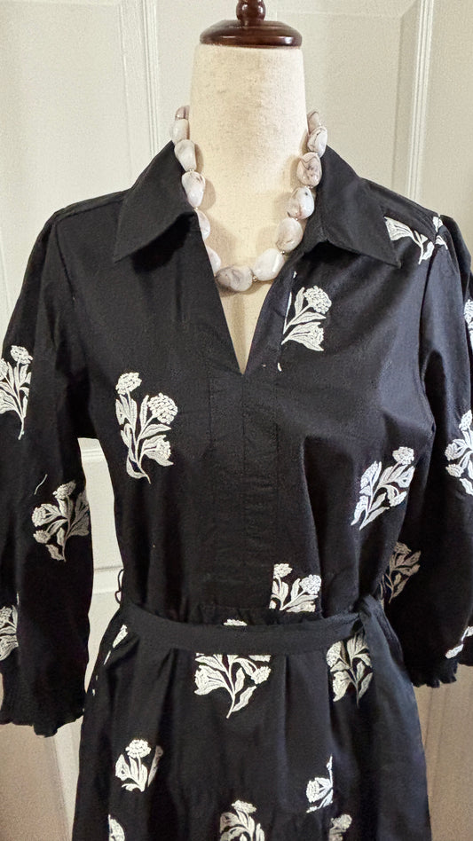Eleanor Black and White Floral Cotton Midi Dress with Tie Waist