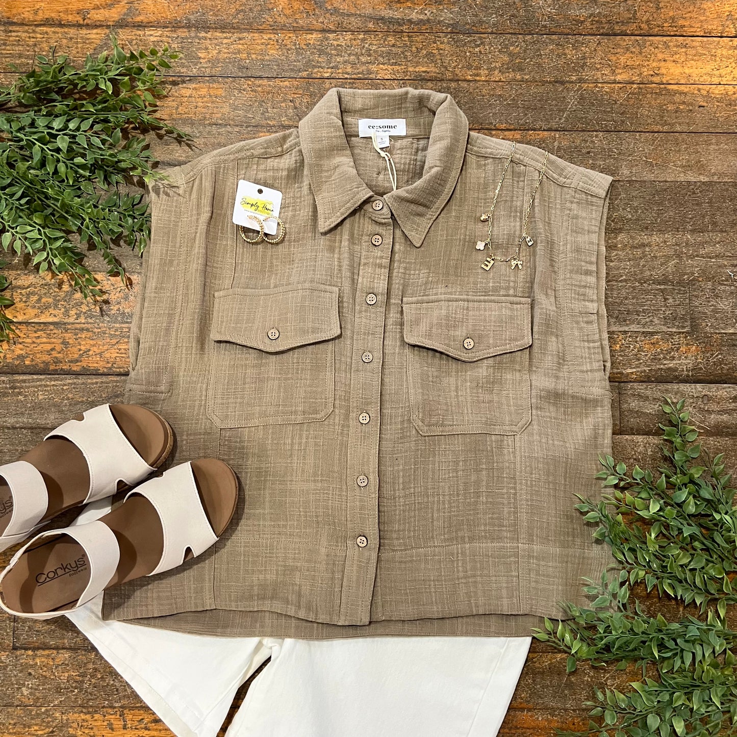 Gauze Cap Sleeve Button Top