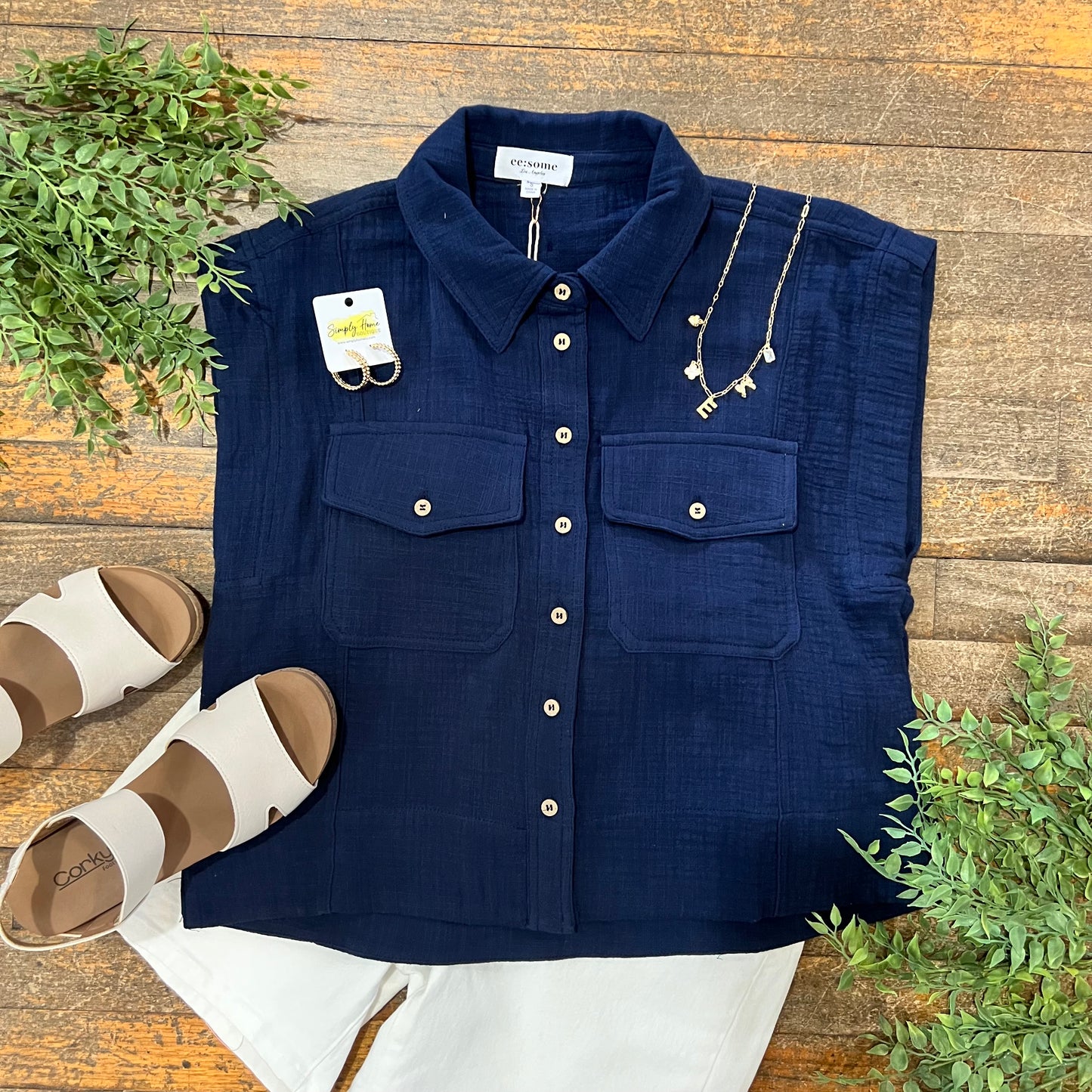 Gauze Cap Sleeve Button Top