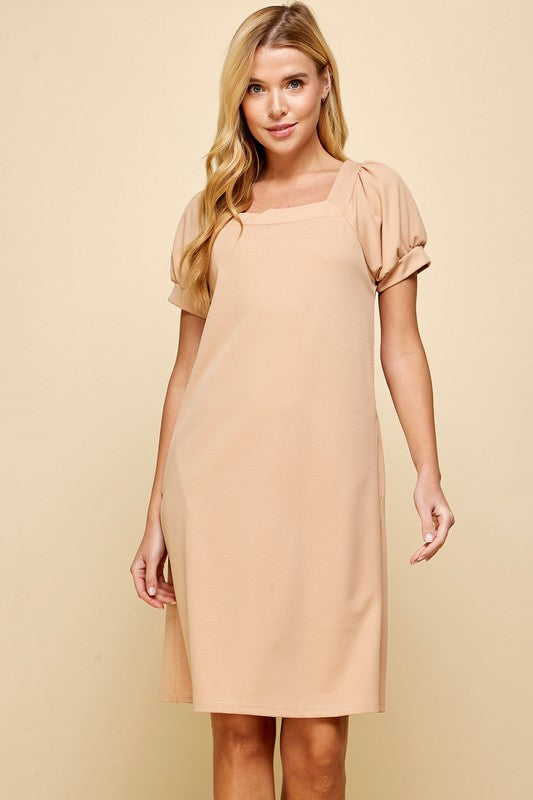 Tan Square Neck A-Line Dress