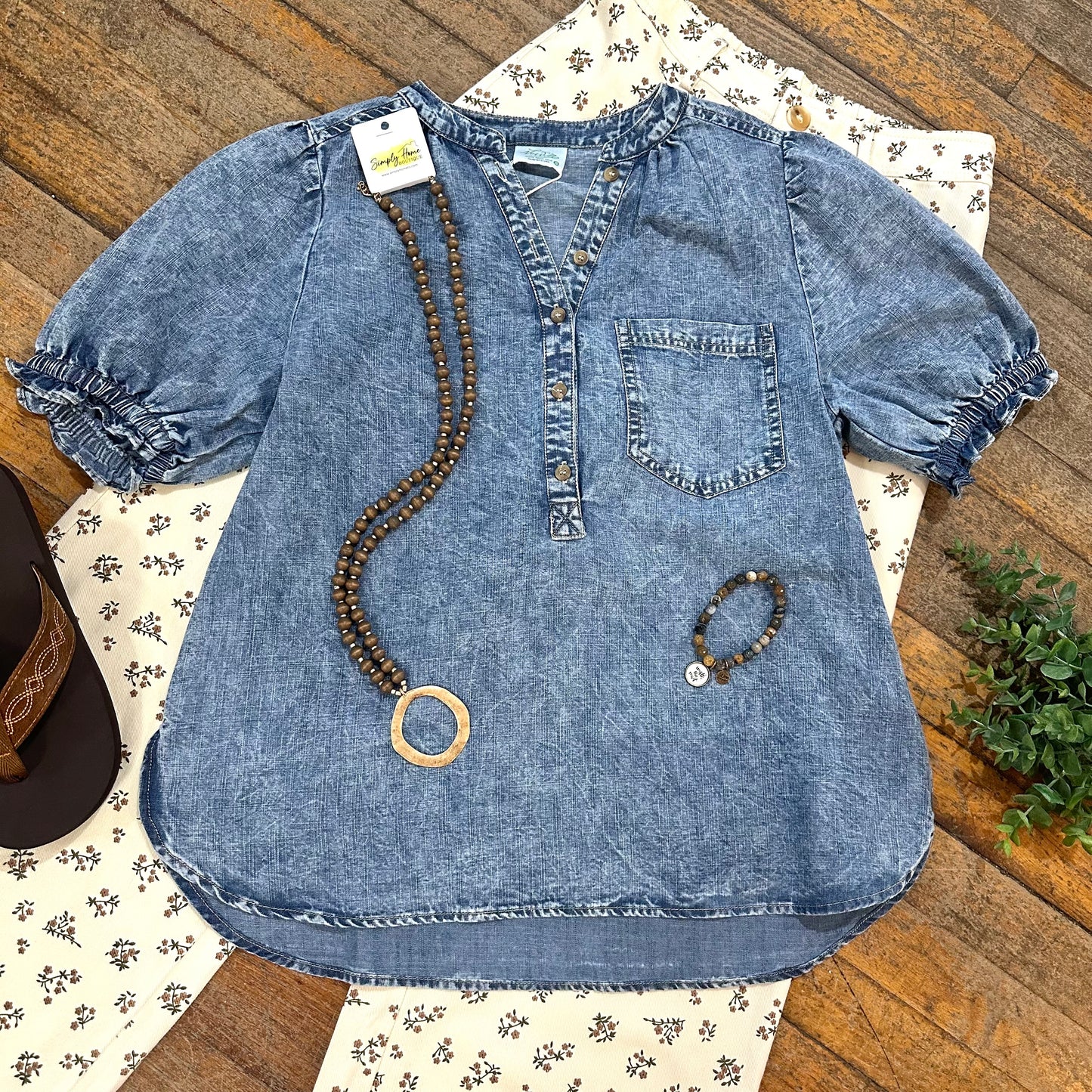 Chambray Half Button Top