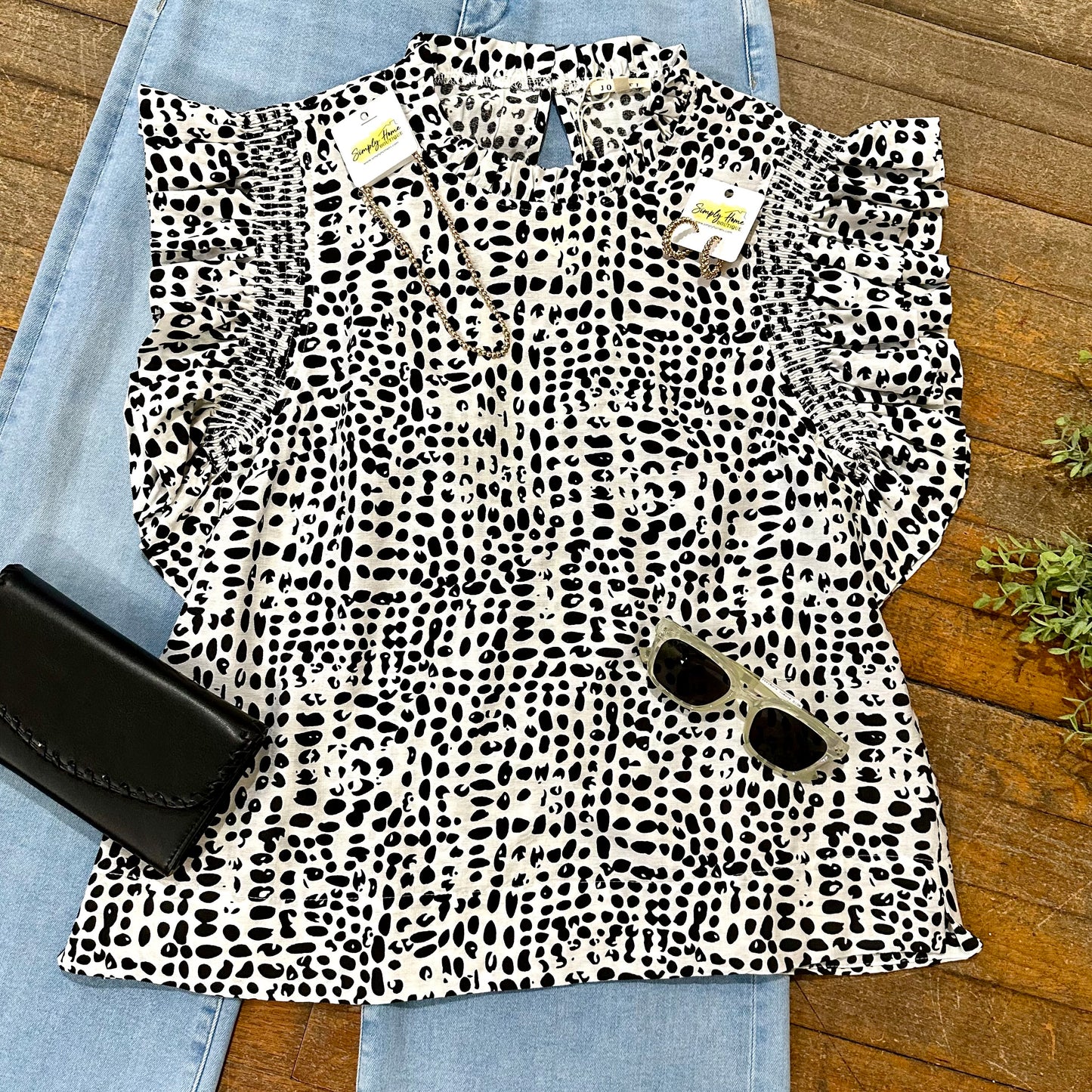 Black Print Frill Mock Top