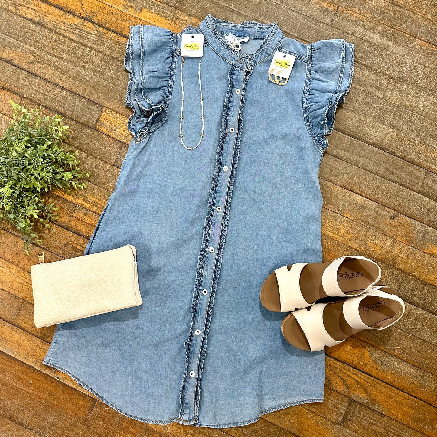 Chambray Ruffle Sleeve Dress