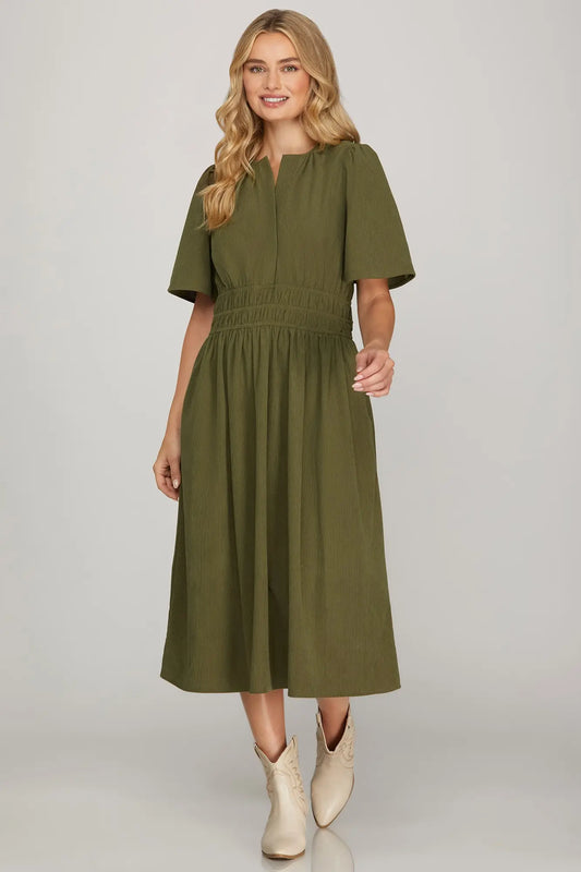 Half Sleeve Corduroy Midi Dress