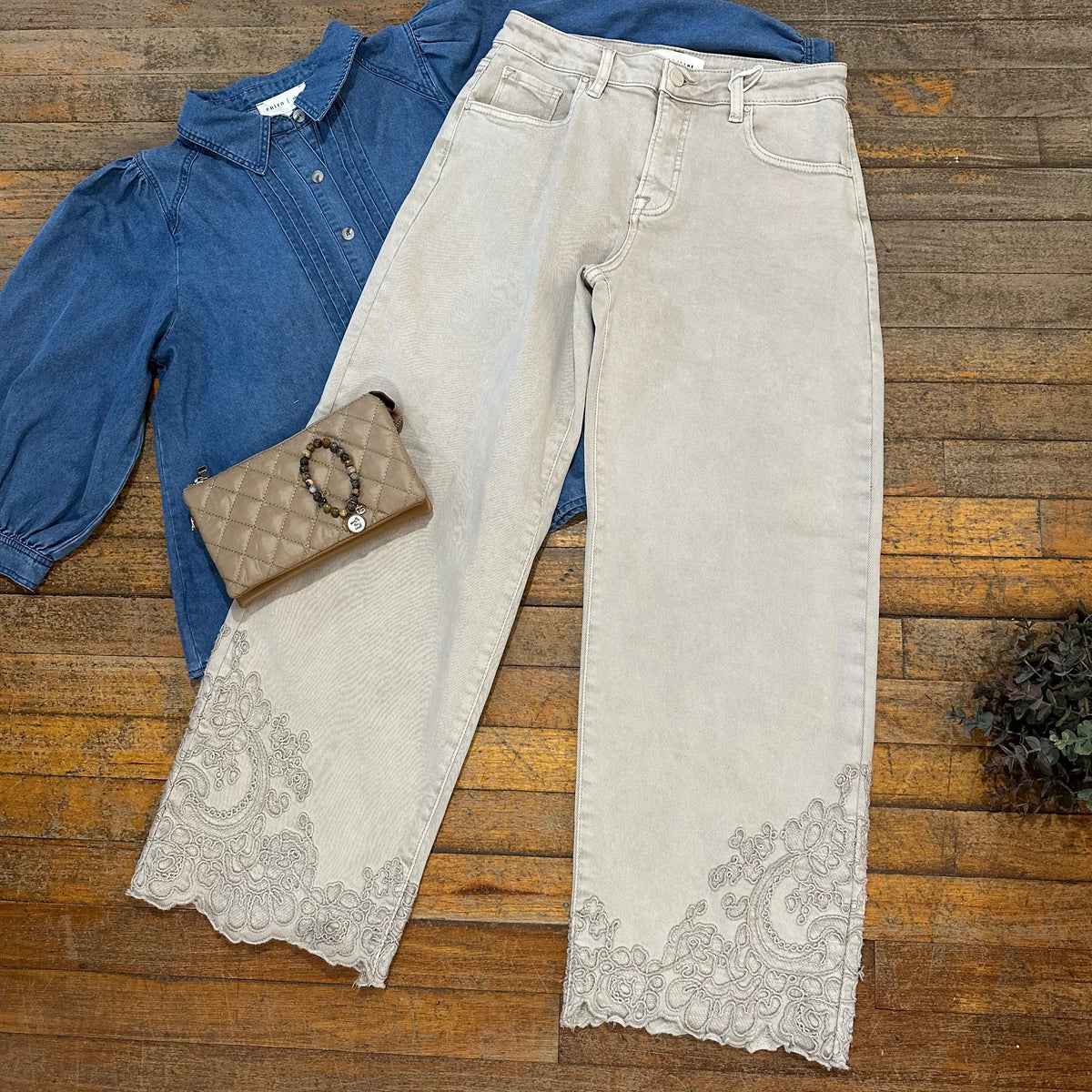 Risen Jeans Almond Embroidered Cropped Barrel Jeans