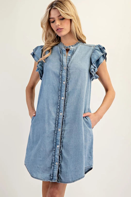 Chambray Ruffle Sleeve Dress