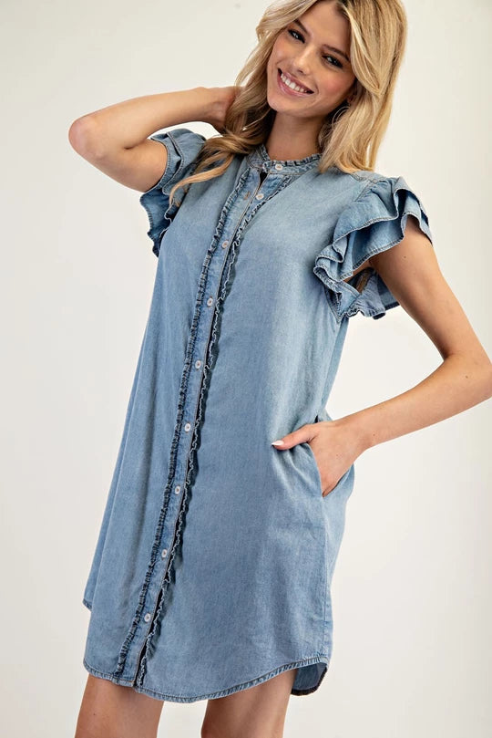 Chambray Ruffle Sleeve Dress