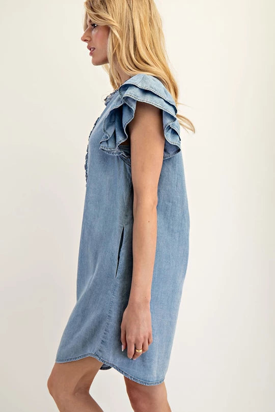 Chambray Ruffle Sleeve Dress