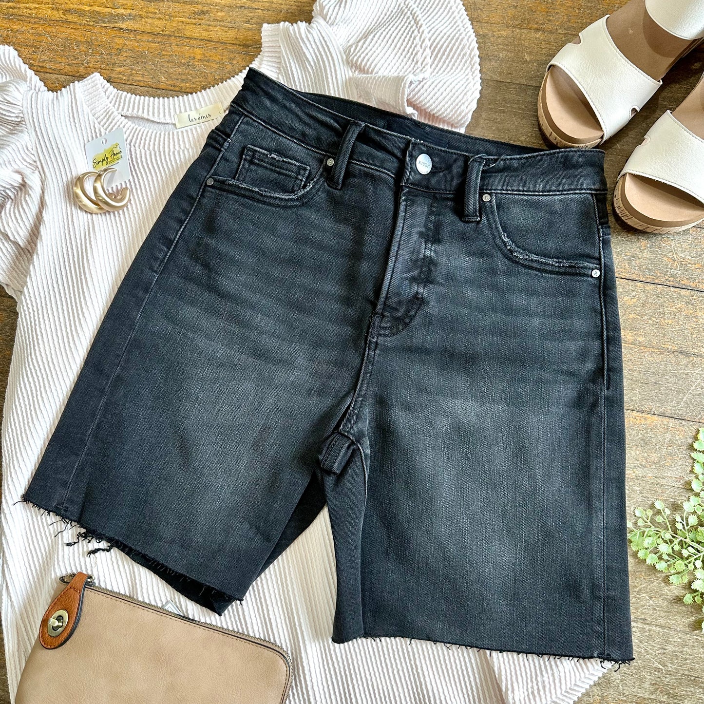 Risen Black Mid Length Raw Hem Shorts