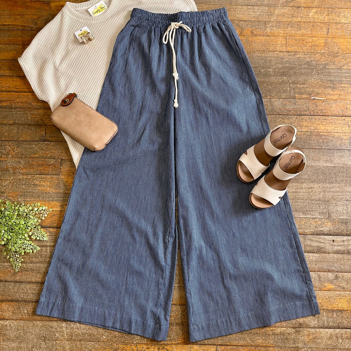 Pinstripe Tie Waist Wide Leg Pants