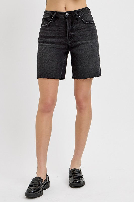 Risen Black Mid Length Raw Hem Shorts
