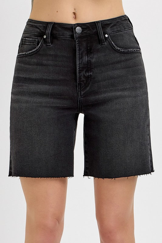 Risen Black Mid Length Raw Hem Shorts