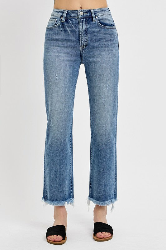 RIsen High Rise Crop Frayed Jeans