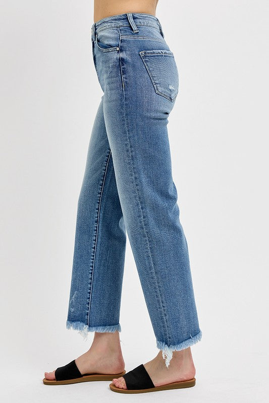RIsen High Rise Crop Frayed Jeans