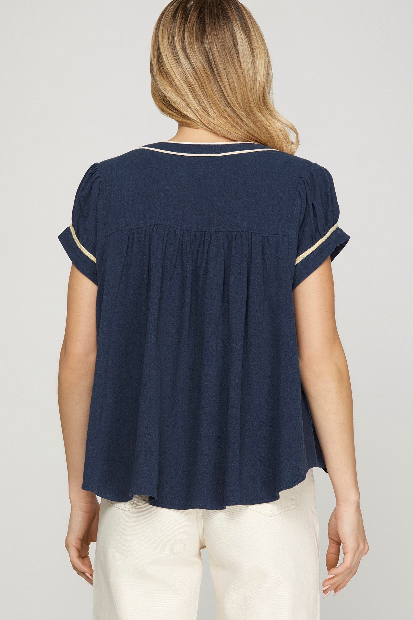 Navy Braid Trim Button Top