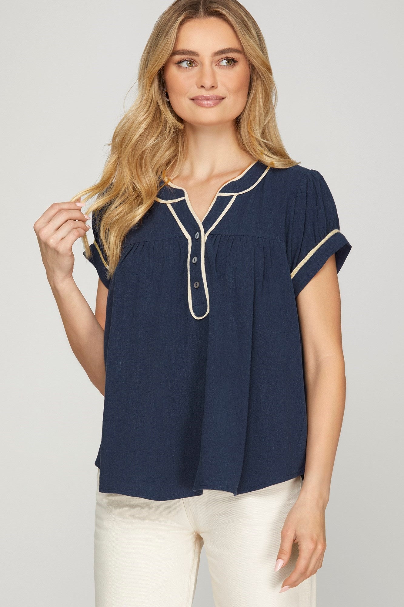 Navy Braid Trim Button Top