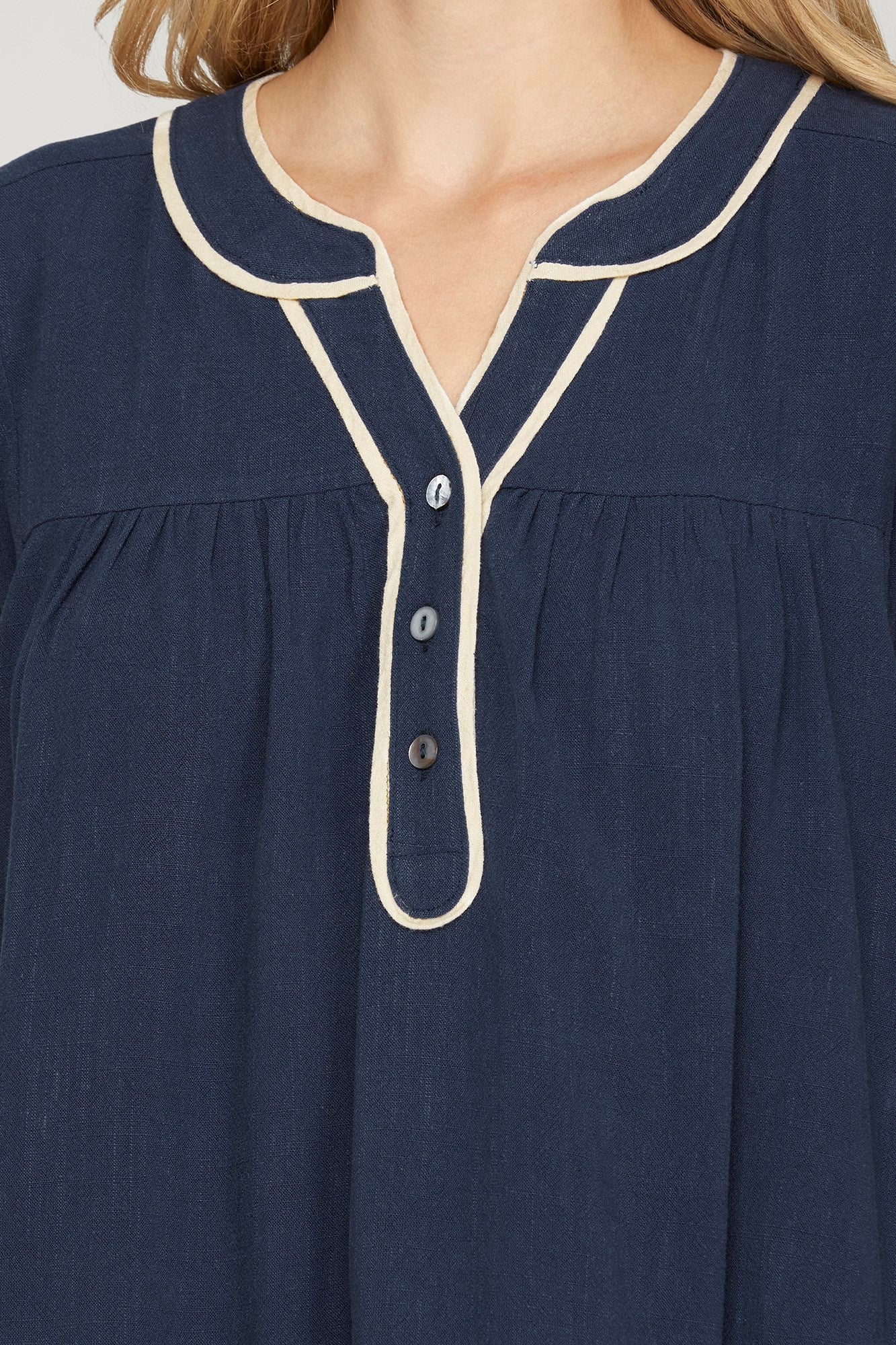 Navy Braid Trim Button Top