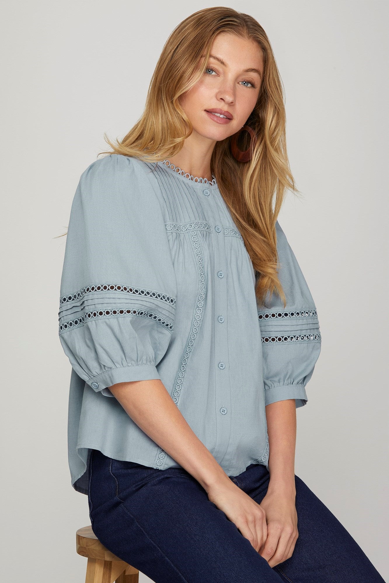 Blue Pintuck Trim Top