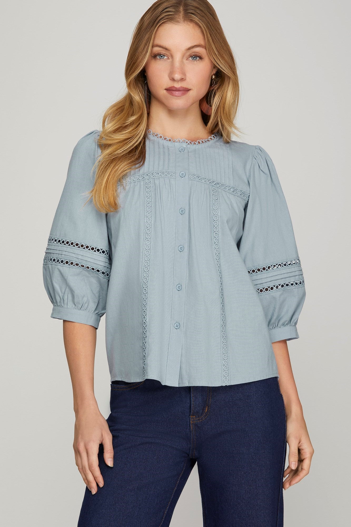 Blue Pintuck Trim Top