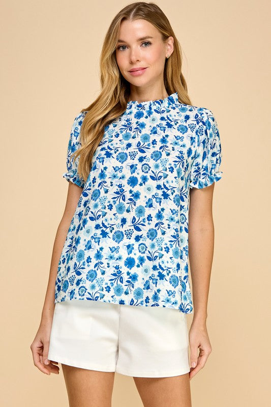 Blue Floral Ruffle Top