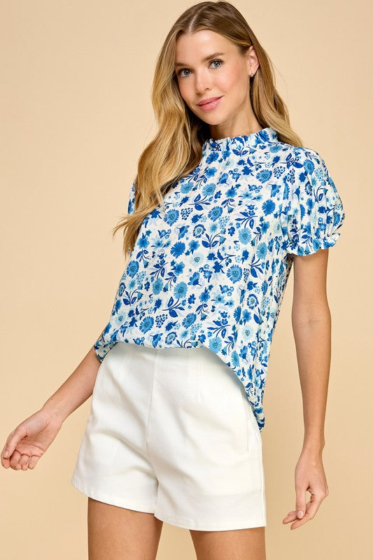 Blue Floral Ruffle Top