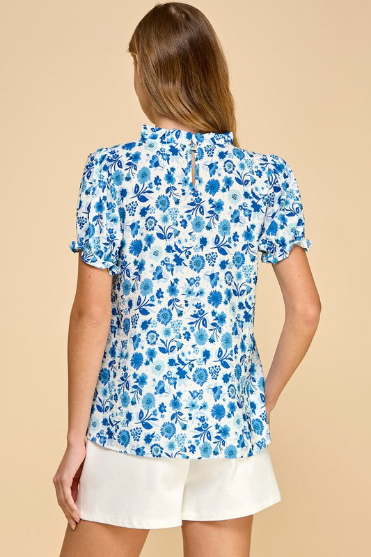 Blue Floral Ruffle Top