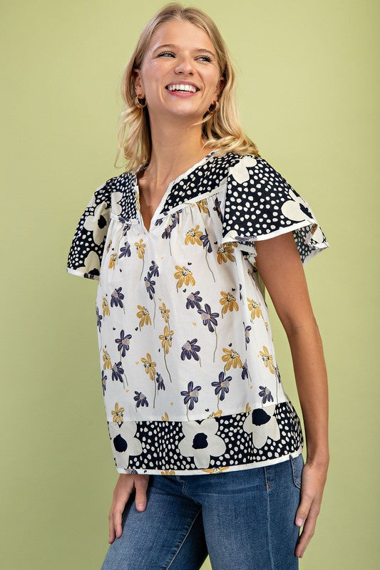Navy Mixed Print Top