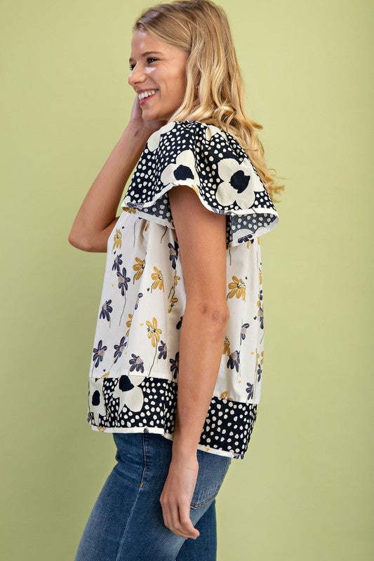 Navy Mixed Print Top